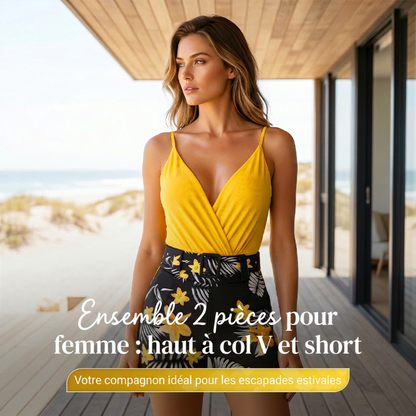 🏝️ PROMO EXCLUSIVE 52% ! 💃 Set Vacances Femme – Haut Bretelles Croisées & Shorty Taille Haute, Imprimé Floral Tropical 🌴
