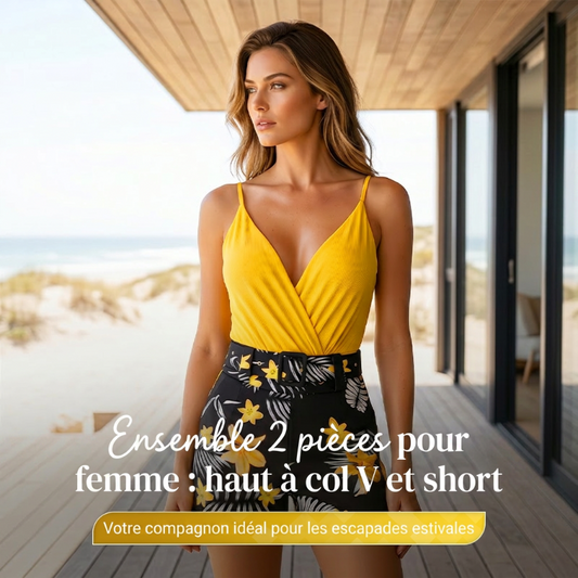 🏝️ PROMO EXCLUSIVE 52% ! 💃 Set Vacances Femme – Haut Bretelles Croisées & Shorty Taille Haute, Imprimé Floral Tropical 🌴