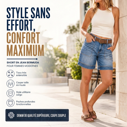 🩳🌸 OFFRE LIMITÉE -50% | Bermuda en Jean Taille Mi-Haute Femme – Denim Stretch Confort, Coupe Flatteuse & Poches Pratiques ✨