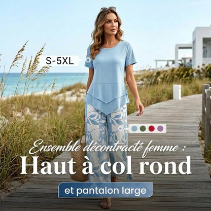✨53 % de réduction 🔥💙 Ensemble décontracté composé d'un haut long superposé à col rond et d'un pantalon à jambes larges