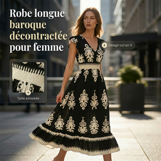 🎑50 % de réduction ✨Robe longue fluide à col en V et imprimé baroque pour femme