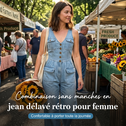 👖 PROMO LIMITÉE 50% DE RÉDUCTION ! 💥 Combinaison Jean Sans Manches Femme – Boutons Vintage, Coton Respirant, Jambes Larges ✨