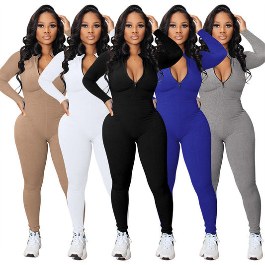 Solid Color Half Zip Seamless Jumpsuit