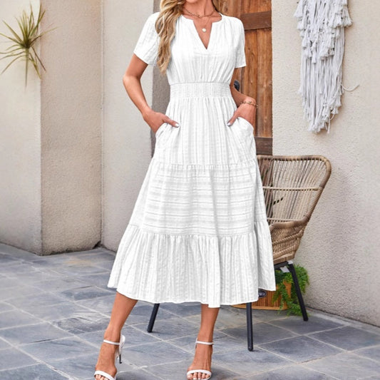 🔥Hot Sale 50% OFF👗Robes longues décontractées à manches courtes et à col en V pour femmes