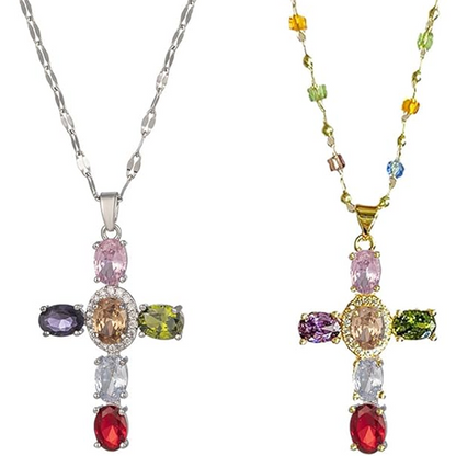 Collier avec Pendentif en Croix en Strass Colorés
