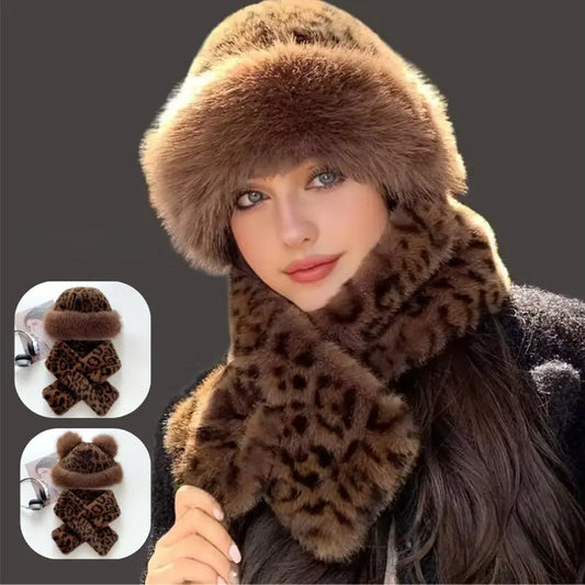 Ensemble 2 Pièces – Bonnet et Écharpe en Peluche à Imprimé Léopard