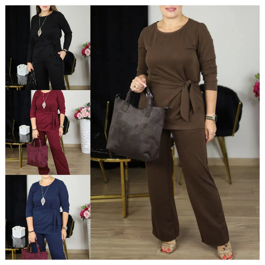 Ensemble tunique avec ceinture à nouer et pantalon large pour femme