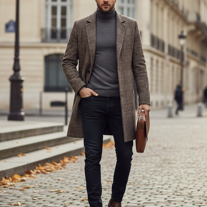 Trench-coat ajusté chaud à revers à carreaux pour homme