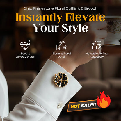 💎Boutons de Manchette & Broche Florale avec Strass - L'Élégance en Cadeau