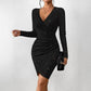 Robe moulante à manches longues et encolure en V scintillante pour femme