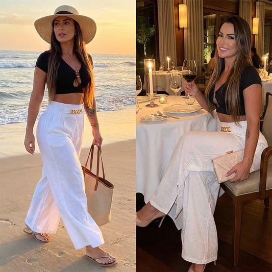 📢📢49 % de réduction !! ⏰Pantalon taille haute à jambes larges pour femme avec ceinture décorative