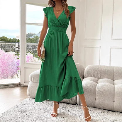 👗50 % de réduction✨Robe longue à col en V avec taille froncée et volants