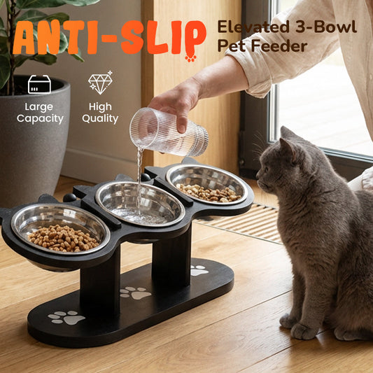 🎁🐾 PROMO -50% ! Mangeoire surélevée Anti-dérapante 3 Bols pour Animaux – Bois Naturel & Acier Inox (Améliore la Digestion)