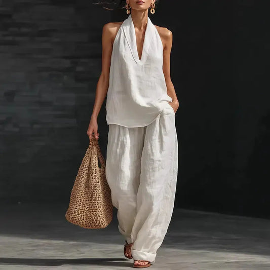 Ensemble deux pièces en lin bohème – Haut sans manches à col haltère et pantalon à jambes larges