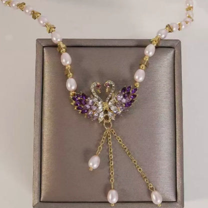 💖Collier Violet à Deux Cygnes en Cœur – Idée Cadeau Romantique pour Elle (Longueur Réglable 41-50 cm)
