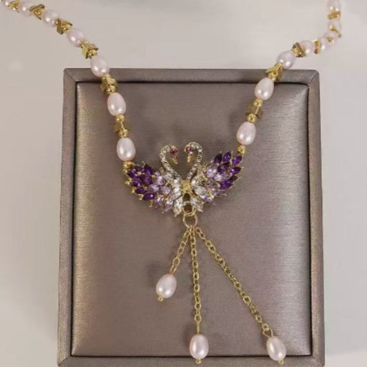 💖Collier Violet à Deux Cygnes en Cœur – Idée Cadeau Romantique pour Elle (Longueur Réglable 41-50 cm)