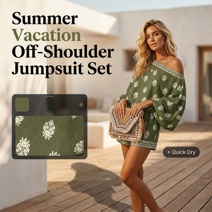 👒 PROMO LIMITÉE 50% DE RÉDUCTION ! 💃 Ensemble Combishort Bohème Imprimé – Épaules Dénudées, Tissu Respirant & Taille Élastique 🌸