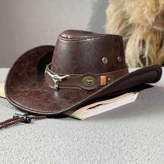 📢📢40% DE RÉDUCTION !! ⏰ ✨ Chapeau de Cowboy Vintage à Large Bord & Lanière – PU, Taille Unique, Réglable ☀️