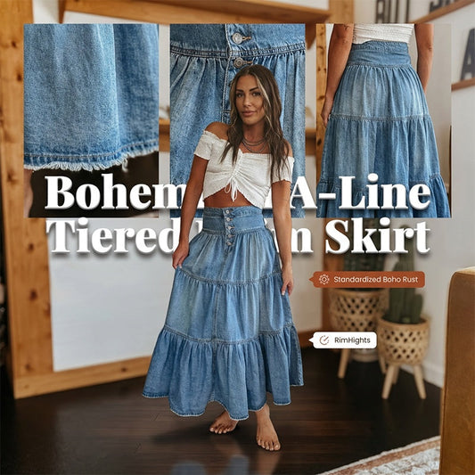 💙👗Jupe Maxi en Denim Évasée à Taille Haute pour Femme – Coupe A-Line, Boutonnée, Bleu Denim (S-XL)