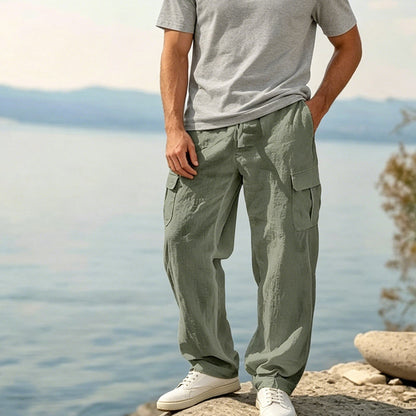 👖🌿 PROMO FLASH 50% ! Pantalon Cargo Homme Coton & Lin – Coupe Loose, Respirant, Poches Multiples, Taille Cordon, 6 Couleurs, 6 Tailles, Parfait Été 🍃