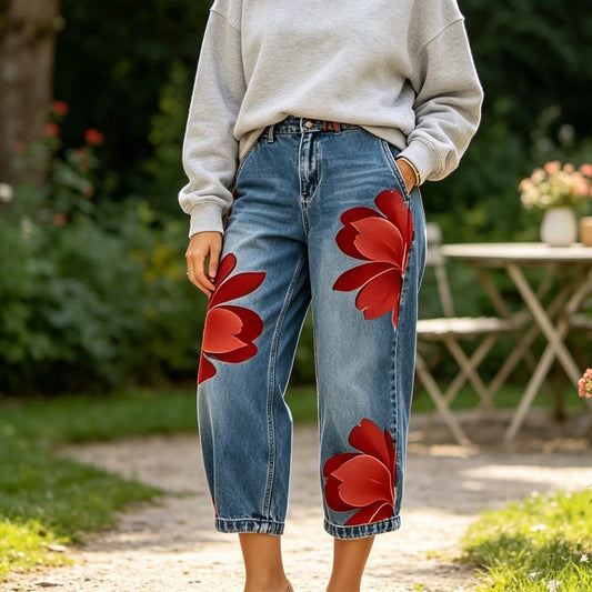 🌸 PROMOTION LIMITÉE 57% DE RÉDUCTION ! ✨ Jean Large Femme Brodé Fleuri – Artisanal, Moderne, Confortable 🌼
