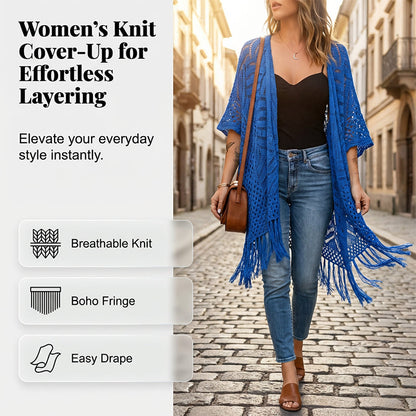 🌸🦋🌼 OFFRE LIMITÉE 50% DE RÉDUCTION! Poncho/Pareo Bohème en Maille Ajourée pour Femme – Ouverture Devant avec Pompons et Franges, Tissu Léger, Idéal pour les Jours Ensoleillés, les Vacances et le Quotidien Chic ✨🎶