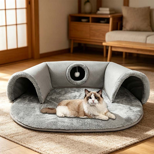 🐱✨ PROMO FLASH 50% ! Lit Tunnel pour Chat 2-en-1 – Doudou, Pliable, 75x55cm, Gris, Design Donut, Espacieux, Parfait pour Repos & Jeu ✨