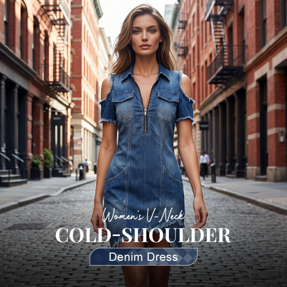 ✨👖Robe Jean Femme – Encolure en V Profond, Épaules Dénudées, Taille Ajustée, 4 Couleurs, 6 Tailles, Style Décontracté & Audacieux 🆒