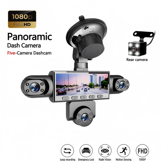 📹Caméra Embarquée HD 1080p Multi-Objectifs – 5 Angles, Vision Nocturne, Détection Collision, Surveillance Stationnement 24h/24 🚗