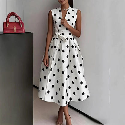 👗 PROMO LIMITÉE 50% DE RÉDUCTION ! 💥 Robe Femme Sans Manches Col V à Pois – Classique, Ceinture Ajustable, Polyvalente ✨