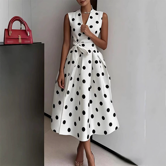 👗Robe Femme Sans Manches Col V à Pois – Classique, Ceinture Ajustable, Polyvalente ✨