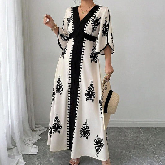 👗🔥 PROMO -34% ! Robe Longue Femme Col V Élégant Imprimé Ethnique – Manches Flottantes Cloche Gracieuses, Ceinture Taille Haute Silhouette Sablier, Fentes Latérales Liberté · Blanc & Bleu · S à 5XL ✨