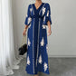 👗🔥 PROMO -34% ! Robe Longue Femme Col V Élégant Imprimé Ethnique – Manches Flottantes Cloche Gracieuses, Ceinture Taille Haute Silhouette Sablier, Fentes Latérales Liberté · Blanc & Bleu · S à 5XL ✨