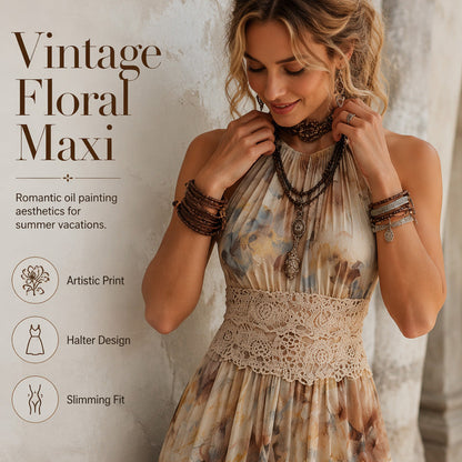 🌸☀️ OFFRE LIMITÉE -50% ! 🌴 Robe Maxi Bohème à Col Halter – Élégance Vacances 🌺