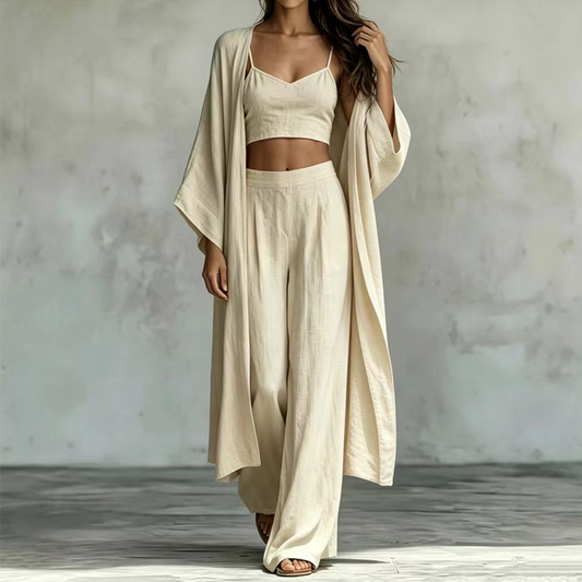 ✨ Ensemble 3 Pièces Femme – Cardigan Ample, Caraco & Pantalon Large Taille Haute | Lin Coton Respirant, Style Élégant & Décontracté 🌸