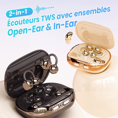 🎧🔋 Écouteurs TWS 2-en-1 – Kits oreille ouverte et intra-auriculaires, passez d’une écoute immersive à une conscience de l’environnement en un instant, pour le sport, le télétravail et les trajets 🏃‍♂️💼