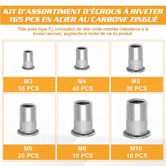 🔩 Kit d'assortiment d'écrous à riveter moletés