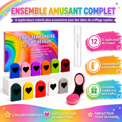 🌈 Craie temporaire pour cheveux – Couleur éclatante en quelques secondes, finition nacrée – Formule sûre et non toxique – Coffret de 12 teintes – Idéal pour fêtes et événements 🎉✨