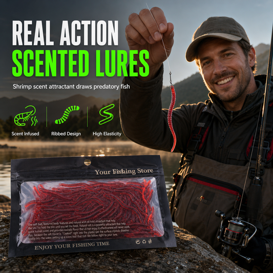 🎣 Leurres souples ver de terre parfum crevette lot 50/100 pour pêche
