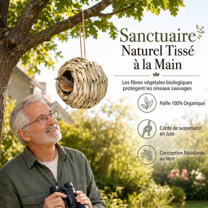 Nid d'oiseau sphérique en paille tressée à la main, avec ouverture ronde, pour la décoration des jardins et des cours extérieurs