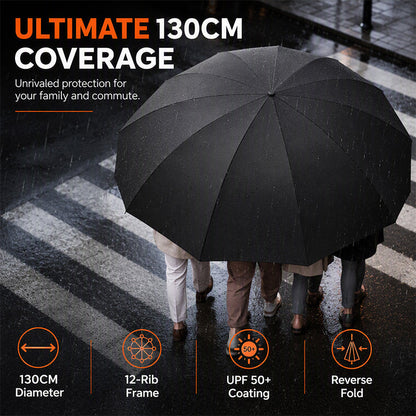 ☂️Parapluie pliable extra-large – 130 cm, 12 baleines, résistant au vent, pliage inversé, protection solaire UPF 50+, parapluie surdimensionné pour les trajets quotidiens en famille et les activités en plein air