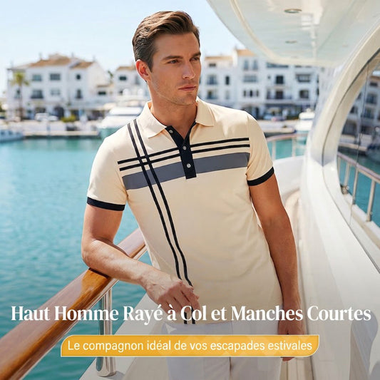 👕 PROMO LIMITÉE 50% DE RÉDUCTION ! ✨ Haut Rayé pour Homme – Col, Manches Courtes ✨